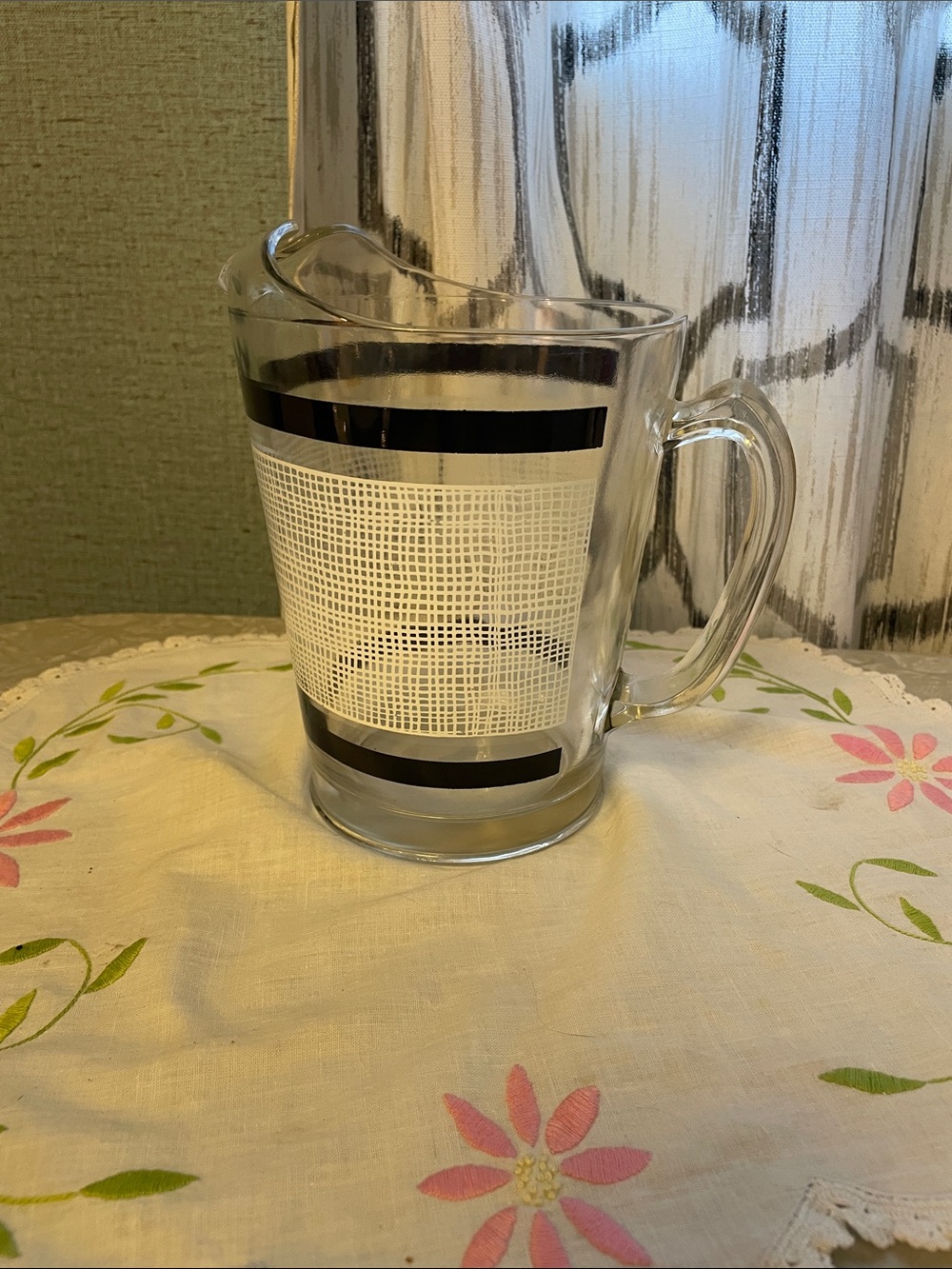 Vintage Glass Pitcher with Black and White Grid Design